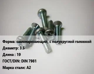 Винт самонарезающий, с полукруглой головкой 3.5х19 DIN 7981 Сталь: А2